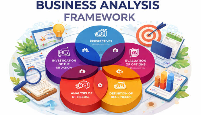nterconnected circles representing key business concepts: Perspectives, Investigation of the Situation, Evaluation of Options, Analysis of Needs, and Definition of Required Needs, with relevant business icons and charts.