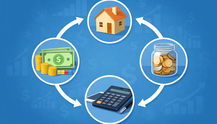 Illustration showing how money, savings, housing, and financial tools connect in a circular flow representing banking, investment, and financial management