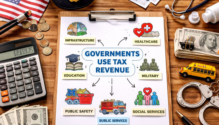 A top-down view of a wooden table featuring a document titled 'GOVERNMENTS USE TAX REVENUE' at the center, surrounded by sticky notes linked to icons representing various sectors funded by tax revenue: infrastructure, healthcare, education, military, public safety, and social services. Nearby, an American flag, police cap, stethoscope, toy school bus, handcuffs, calculator showing $8,659.75, and stacks of dollar bills create a vibrant and informative tax revenue scene