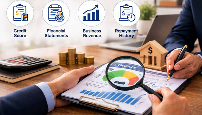A professional business setting with two individuals reviewing a credit report. One person is holding a clipboard with an 'Excellent' rating on the report, while the other writes notes with a gold pen. Nearby are stacks of coins, a calculator, a laptop, and a wooden model of a bank. Circular icons at the top highlight key financial factors: credit score, financial statements, business revenue, and repayment history.