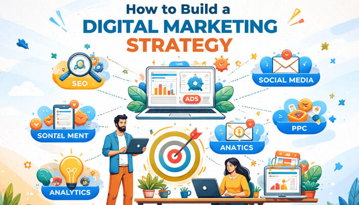 olorful digital illustration titled 'How to Build a Digital Marketing Strategy,' featuring a laptop at the center with icons representing SEO, content, social media, analytics, PPC, and more. Two characters are engaged in work, with one holding a laptop and pointing to a target, while the other types at a desk, set against a vibrant and professional workspace backdrop.