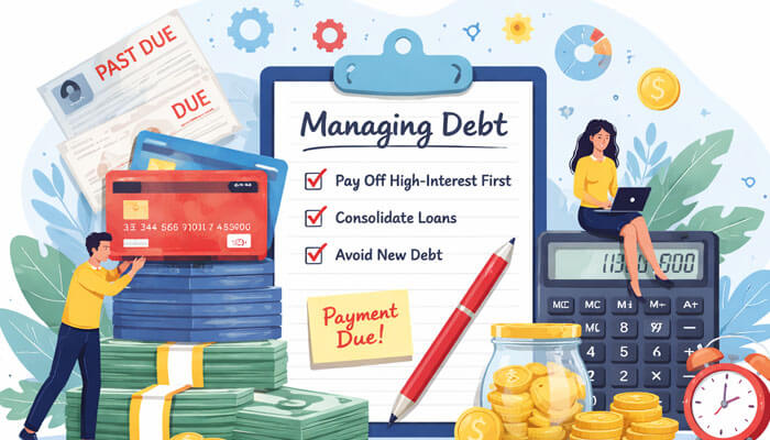 Non-realistic digital illustration of money management showing a “Managing Debt” checklist with budgeting tips like paying off high-interest debt, consolidating loans, and avoiding new debt, alongside credit cards, overdue bills, cash stacks, coins, calculator, and financial icons representing personal debt control and financial planning.