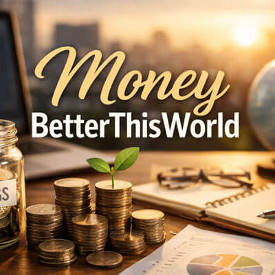 Realistic Money BetterThisWorld feature image showing a savings jar, stacked coins with a small plant, financial charts, calculator, laptop, notebook, globe, and model house on a desk with a city skyline background.