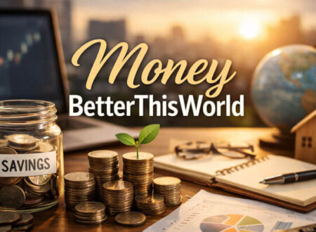 Realistic Money BetterThisWorld feature image showing a savings jar, stacked coins with a small plant, financial charts, calculator, laptop, notebook, globe, and model house on a desk with a city skyline background.