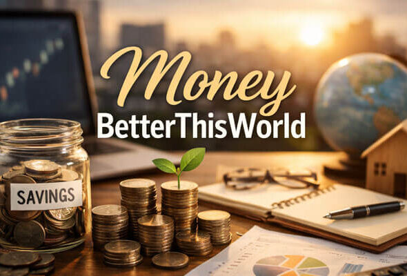 Realistic Money BetterThisWorld feature image showing a savings jar, stacked coins with a small plant, financial charts, calculator, laptop, notebook, globe, and model house on a desk with a city skyline background.