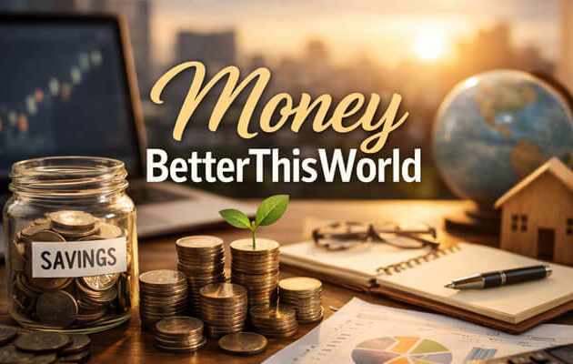 Realistic Money BetterThisWorld feature image showing a savings jar, stacked coins with a small plant, financial charts, calculator, laptop, notebook, globe, and model house on a desk with a city skyline background.