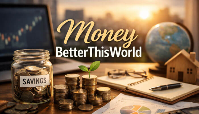 Realistic Money BetterThisWorld feature image showing a savings jar, stacked coins with a small plant, financial charts, calculator, laptop, notebook, globe, and model house on a desk with a city skyline background.