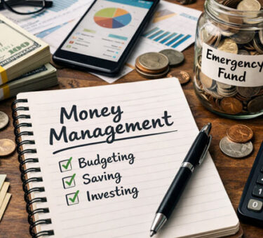 Money management concept showing a realistic financial planning workspace with notebook labeled budgeting, saving, and investing, cash stacks, calculator, smartphone with charts, and an emergency fund jar representing personal finance organization and wealth planning.
