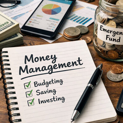 Money management concept showing a realistic financial planning workspace with notebook labeled budgeting, saving, and investing, cash stacks, calculator, smartphone with charts, and an emergency fund jar representing personal finance organization and wealth planning.