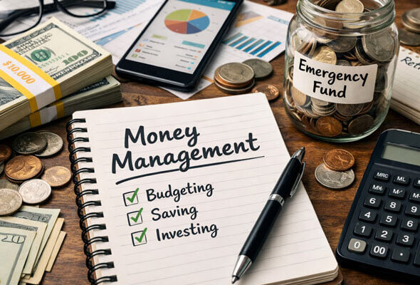 Money management concept showing a realistic financial planning workspace with notebook labeled budgeting, saving, and investing, cash stacks, calculator, smartphone with charts, and an emergency fund jar representing personal finance organization and wealth planning.