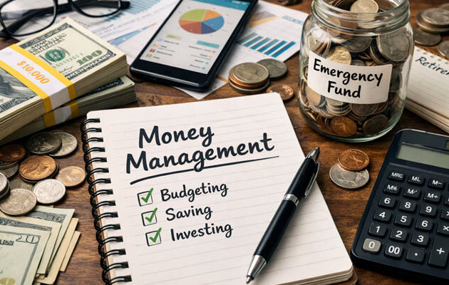 Money management concept showing a realistic financial planning workspace with notebook labeled budgeting, saving, and investing, cash stacks, calculator, smartphone with charts, and an emergency fund jar representing personal finance organization and wealth planning.