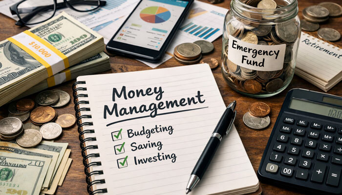 Money management concept showing a realistic financial planning workspace with notebook labeled budgeting, saving, and investing, cash stacks, calculator, smartphone with charts, and an emergency fund jar representing personal finance organization and wealth planning.