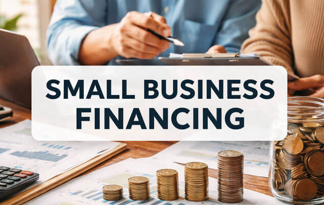 Close-up of two individuals reviewing financial charts and documents at a desk. In the foreground, stacks of coins are arranged, symbolizing small business financing. The title 'SMALL BUSINESS FINANCING' is prominently displayed across the top in bold blue text.