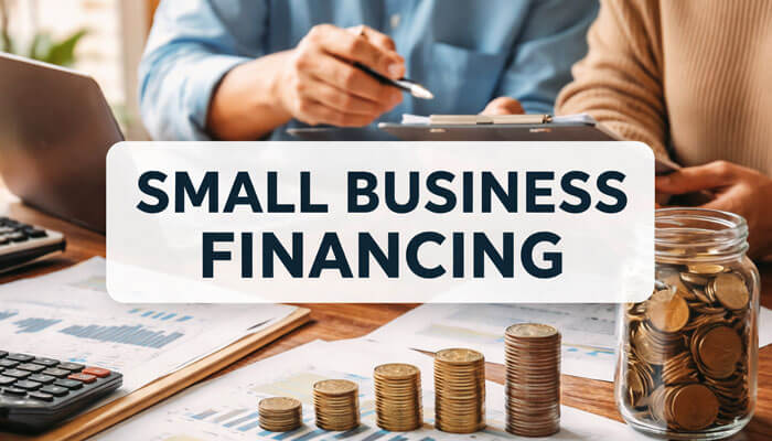 Close-up of two individuals reviewing financial charts and documents at a desk. In the foreground, stacks of coins are arranged, symbolizing small business financing. The title 'SMALL BUSINESS FINANCING' is prominently displayed across the top in bold blue text.