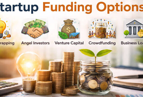A professional banner displaying the title 'Startup Funding Options' in bold blue and orange typography. In the foreground, a glass jar filled with coins and a growing green plant symbolizes growth and financial potential. Surrounding the jar are stacks of coins, a calculator, and financial charts, representing the business world. Above the jar are five icons, each representing different funding options: Bootstrapping, Angel Investors, Venture Capital, Crowdfunding, and Business Loans.