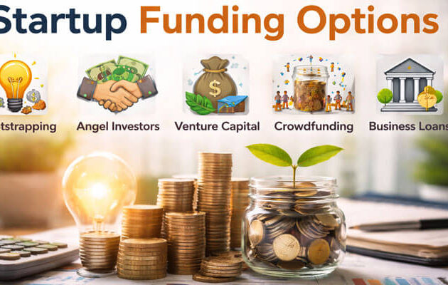 A professional banner displaying the title 'Startup Funding Options' in bold blue and orange typography. In the foreground, a glass jar filled with coins and a growing green plant symbolizes growth and financial potential. Surrounding the jar are stacks of coins, a calculator, and financial charts, representing the business world. Above the jar are five icons, each representing different funding options: Bootstrapping, Angel Investors, Venture Capital, Crowdfunding, and Business Loans.