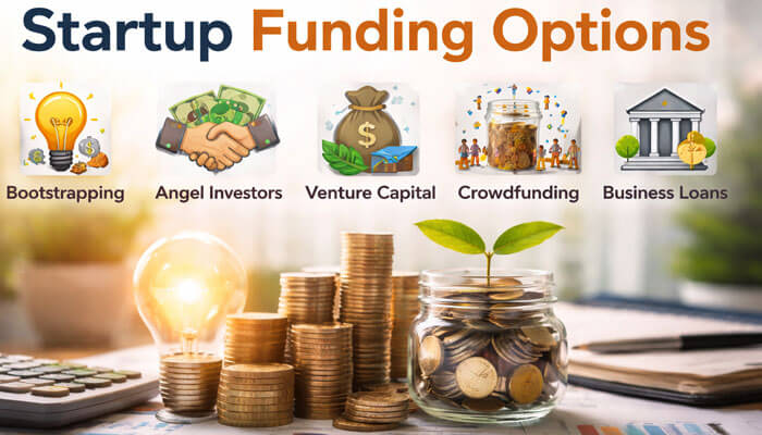 A professional banner displaying the title 'Startup Funding Options' in bold blue and orange typography. In the foreground, a glass jar filled with coins and a growing green plant symbolizes growth and financial potential. Surrounding the jar are stacks of coins, a calculator, and financial charts, representing the business world. Above the jar are five icons, each representing different funding options: Bootstrapping, Angel Investors, Venture Capital, Crowdfunding, and Business Loans.