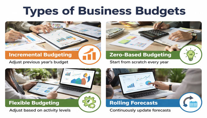 Types of Business Budgets' showcasing four distinct budgeting methods: Incremental Budgeting, Zero-Based Budgeting, Flexible Budgeting, and Rolling Forecasts. Each section includes relevant images and descriptions to explain the budgeting approaches.
