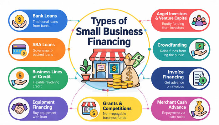 'Types of Small Business Financing,' showcasing various funding options like Bank Loans, SBA Loans, Crowdfunding, and more, all linked to a central storefront, emphasizing small business financing.