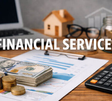 Financial services concept showing cash stack, coins, calculator, financial charts, laptop, savings jar, and house model representing banking, investment, and wealth management.