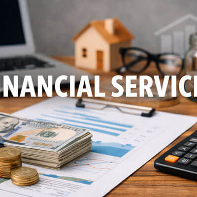 Financial services concept showing cash stack, coins, calculator, financial charts, laptop, savings jar, and house model representing banking, investment, and wealth management.