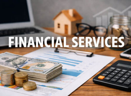 Financial services concept showing cash stack, coins, calculator, financial charts, laptop, savings jar, and house model representing banking, investment, and wealth management.