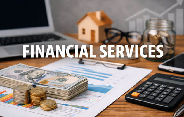 Financial services concept showing cash stack, coins, calculator, financial charts, laptop, savings jar, and house model representing banking, investment, and wealth management.