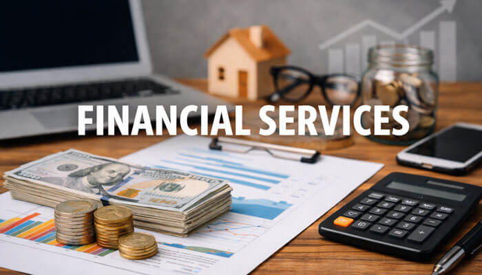 Financial services concept showing cash stack, coins, calculator, financial charts, laptop, savings jar, and house model representing banking, investment, and wealth management.