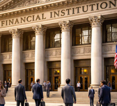 he grand exterior of a financial institution featuring Corinthian columns, bronze doors, and a 'FINANCIAL INSTITUTION' inscription. Professionals in business attire walk in and out of the building, framed by American flags and soft sunlight in the late afternoon.