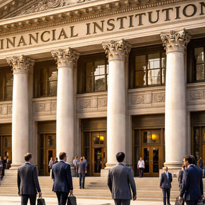 he grand exterior of a financial institution featuring Corinthian columns, bronze doors, and a 'FINANCIAL INSTITUTION' inscription. Professionals in business attire walk in and out of the building, framed by American flags and soft sunlight in the late afternoon.