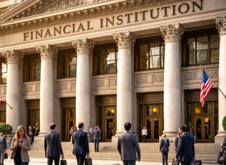 he grand exterior of a financial institution featuring Corinthian columns, bronze doors, and a 'FINANCIAL INSTITUTION' inscription. Professionals in business attire walk in and out of the building, framed by American flags and soft sunlight in the late afternoon.