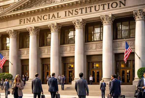 he grand exterior of a financial institution featuring Corinthian columns, bronze doors, and a 'FINANCIAL INSTITUTION' inscription. Professionals in business attire walk in and out of the building, framed by American flags and soft sunlight in the late afternoon.