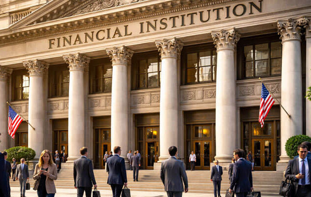 he grand exterior of a financial institution featuring Corinthian columns, bronze doors, and a 'FINANCIAL INSTITUTION' inscription. Professionals in business attire walk in and out of the building, framed by American flags and soft sunlight in the late afternoon.