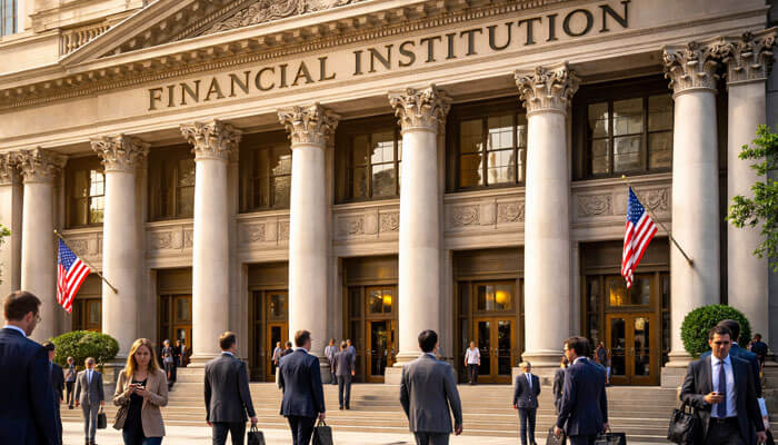 he grand exterior of a financial institution featuring Corinthian columns, bronze doors, and a 'FINANCIAL INSTITUTION' inscription. Professionals in business attire walk in and out of the building, framed by American flags and soft sunlight in the late afternoon.